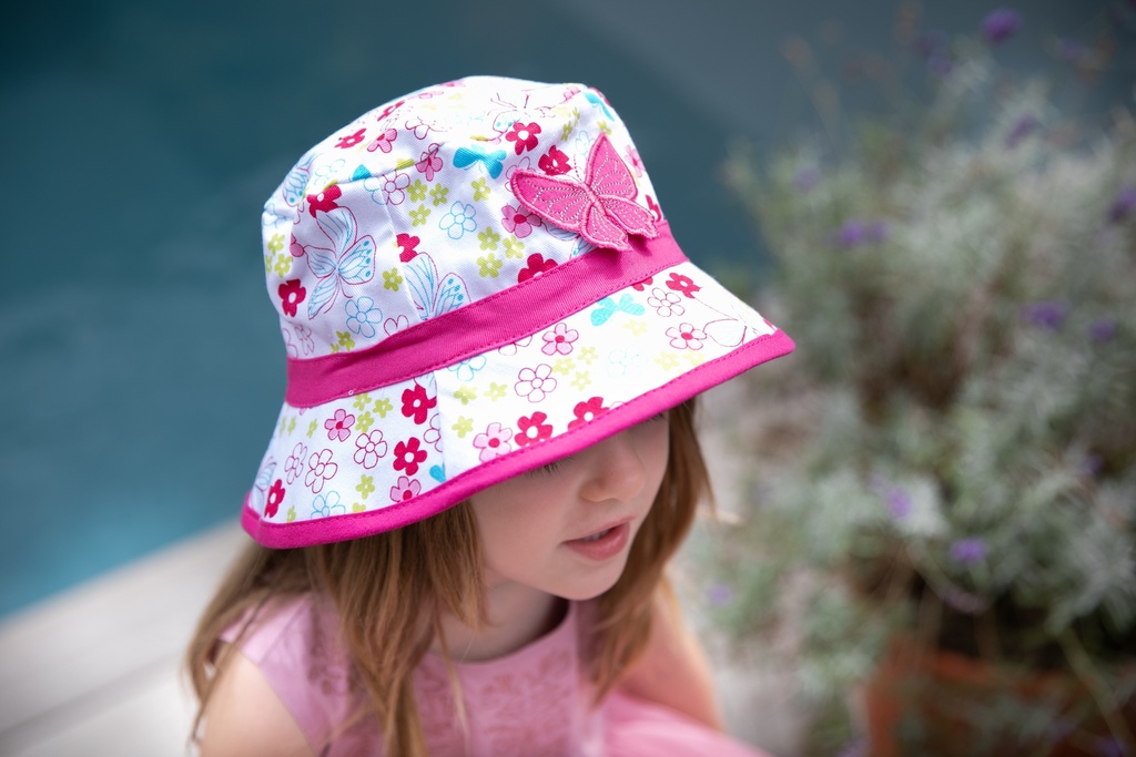 Kinderhut Sommerhut mit Blümchen Mädchen Fischerhut Pink Kinder Mütze